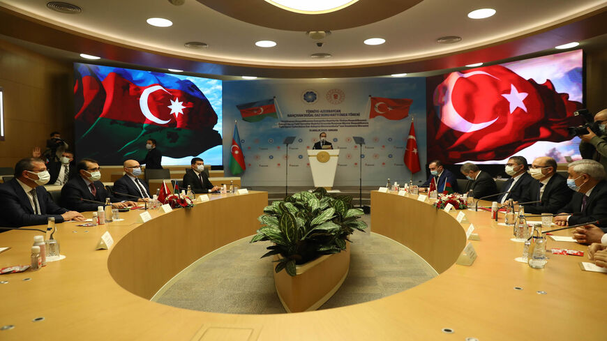 Turkish Energy and Natural Resources Minister Fatih Donmez (2nd-L) and Azerbaijani Energy Minister Parviz Shahbazov (2nd-R) attend the Turkey-Azerbaijan (Nakhchivan) Natural Gas Pipeline Project signing ceremony at the Turkish Energy and Natural Resources Ministry headquarters, Ankara, Turkey, Dec. 15, 2020.