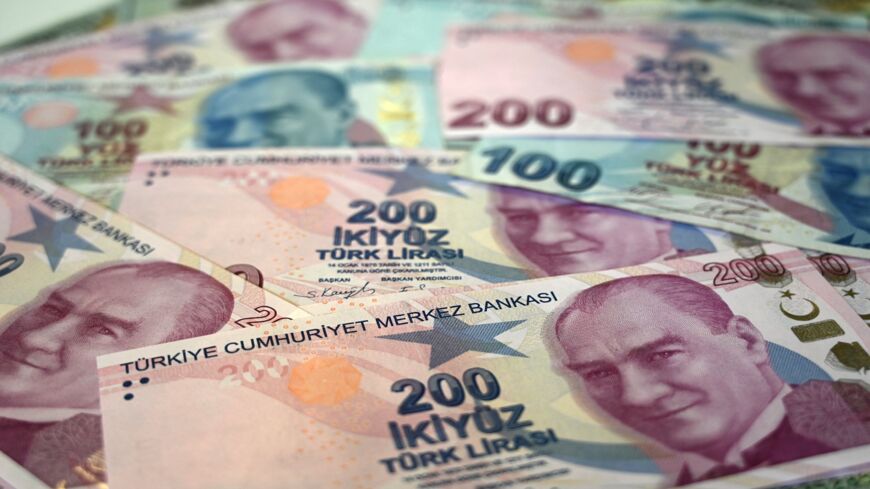 A picture taken on Dec. 7, 2021, in Istanbul shows Turkish liras.