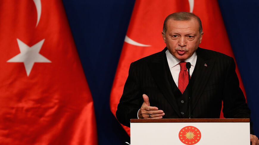 Turkish President Recep Tayyip Erdogan speaks to the press after meeting with Hungarian Prime Minister Viktor Orban for discussions on Syria and migration, Budapest, Hungary, Nov. 7, 2019.