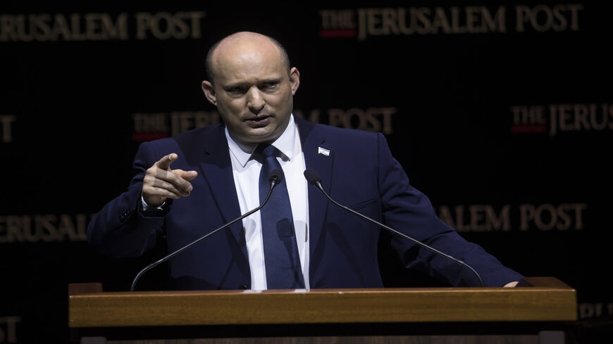 Israeli Prime Minister Naftali Bennett speaks at the Jerusalem Post's annual conference, Jerusalem, Oct. 12, 2021.