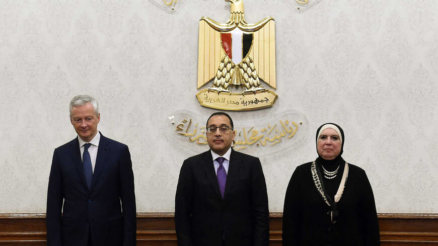 French Economy Minister Bruno Le Maire, Egyptian Prime Minister Mostafa Madbouli, and Egyptian Trade and Industry Minister Nevine Gamea.