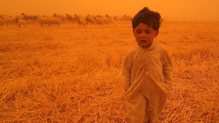 A Bedouin child walks alongside a flock of sheep in the al-Henniyah area outside Najaf, during a sandstorm sweeping Iraq