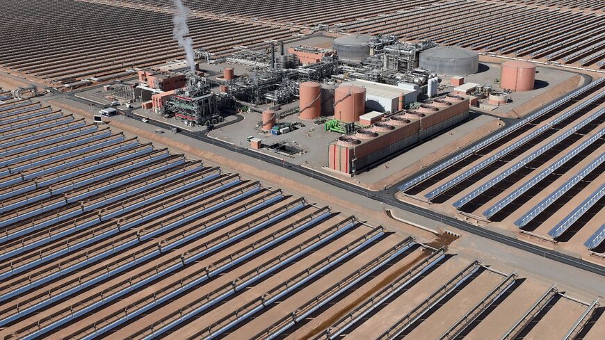 An aerial view of the solar mirrors at the Noor 1 Concentrated Solar Power (CSP) plant, some 20 kilometers (12.5 miles) outside the central Moroccan town of Ouarzazate.