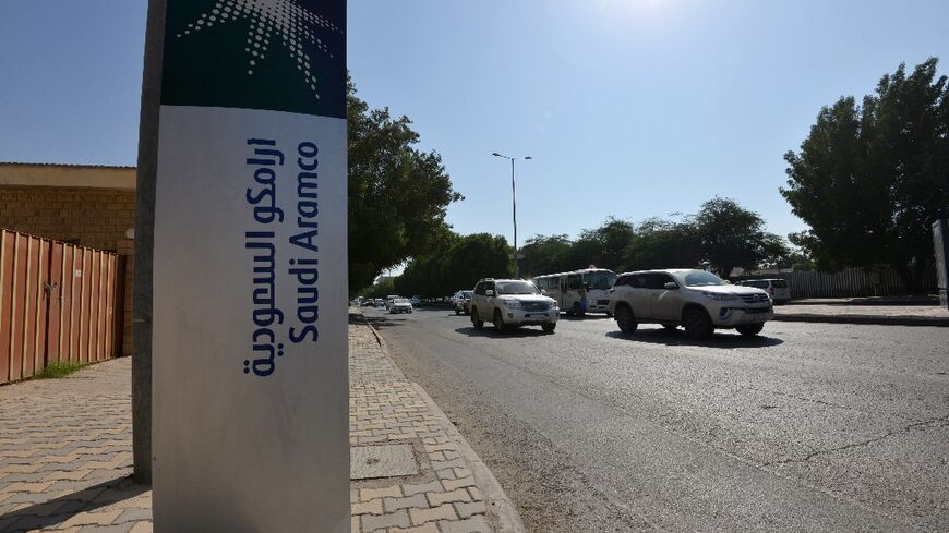 A sign in front of Aramco's offices in the Saudi capital Riyadh