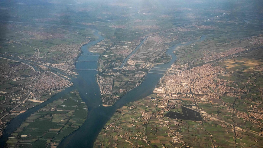 This photo shows an aerial view of the southernmost tip of Egypt's Nile delta region, including the Qanater al-Khayreya Nile River barrages, north of the capital Cairo, Egypt, Oct. 15, 2021.