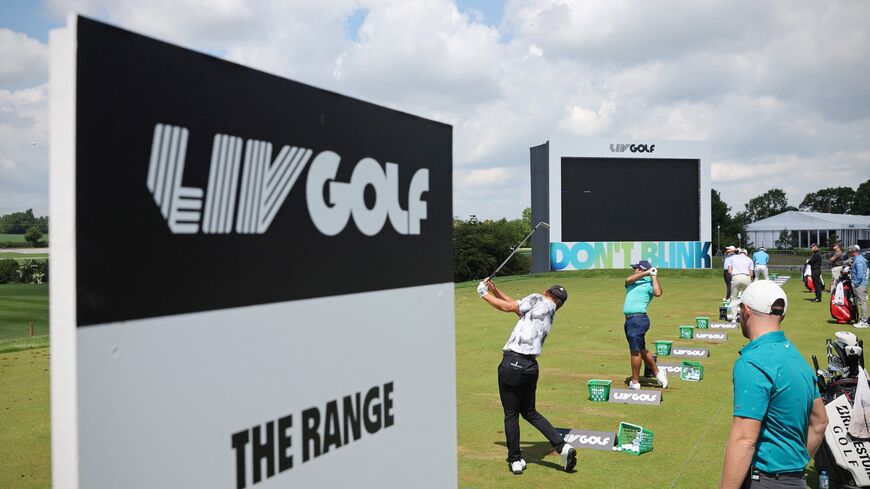 Players practice on the driving range ahead of the forthcoming LIV Golf Invitational Series.