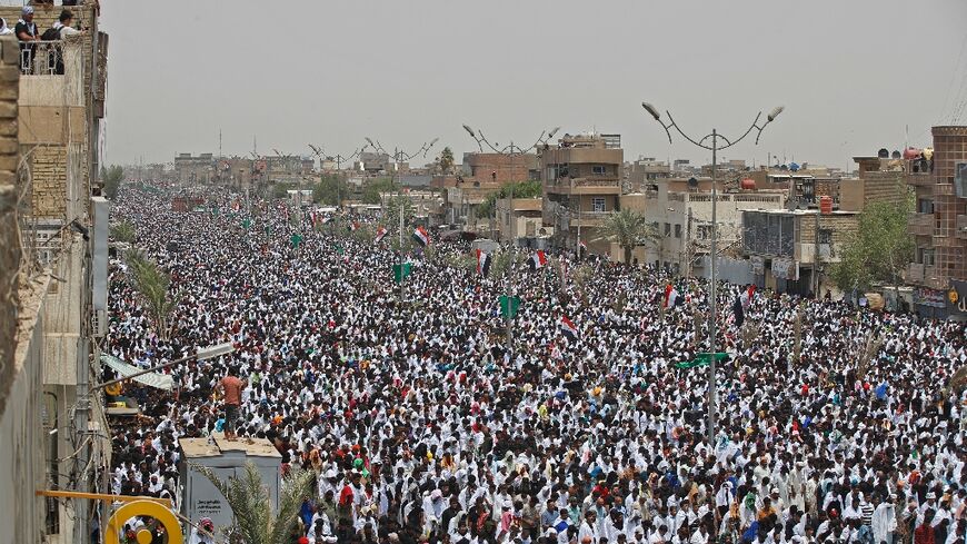 Hundreds of thousands of supporters of Iraqi Shiite cleric Moqtada Sadr rally in Baghdad on Friday 