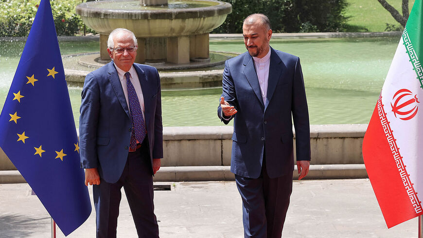 Iran's Foreign Minister Hossein Amir-Abdollahian (R) meets with Josep Borell, European Union high representative for foreign affairs and security policy (L), at the Foreign Ministry headquarters, Tehran, Iran, June 25, 2022.