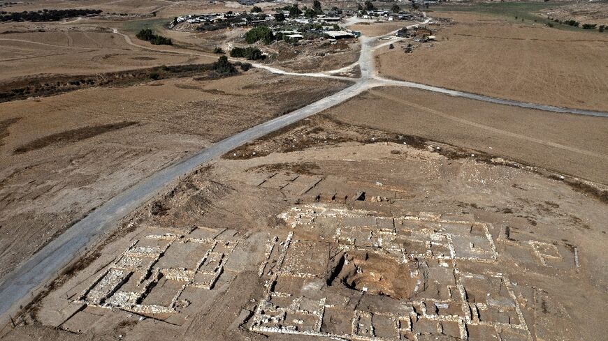 An aerial view shows a recently uncovered mansion dating back to the early Islamic period between the eighth and ninth centuries, in the Bedouin town of Rahat in Israel's southern Negev desert