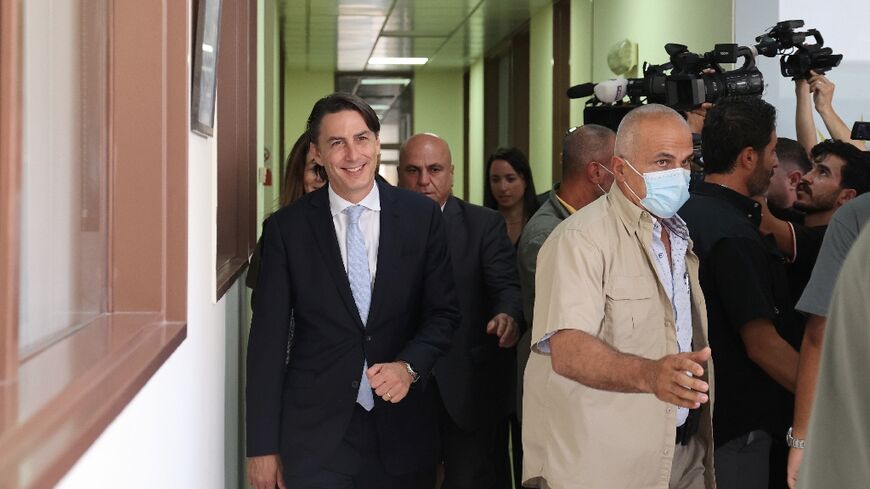 US Senior Advisor for Energy Security Amos Hochstein (L) arrives to meet Lebanon's caretaker energy minister in Beirut