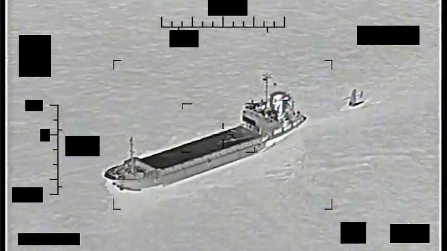 A US Navy image shows an Iranian Islamic Revolutionary Guard Corps Navy support ship "Shahid Baziar" towing a US Navy Saildrone Explorer unmanned surface vessel in international waters in the Gulf.