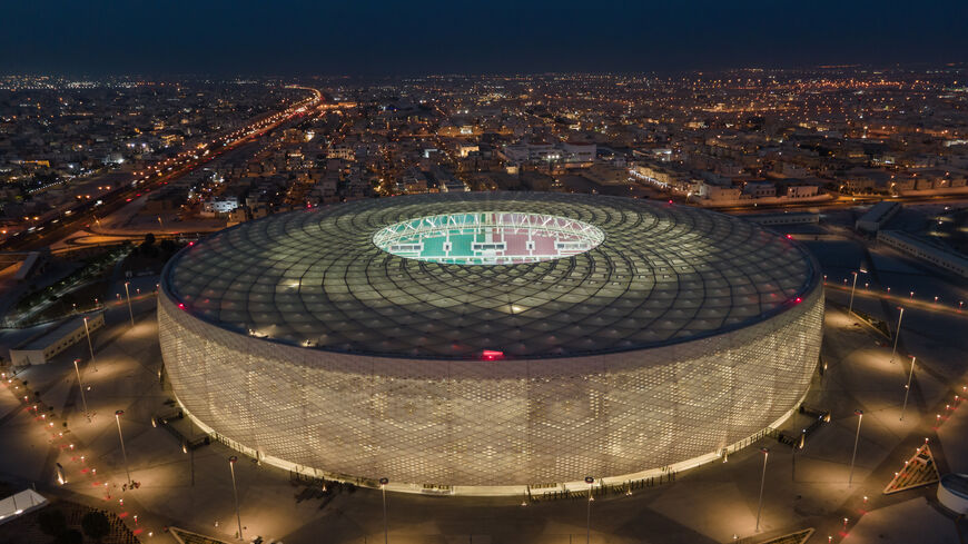 An aerial view of Al Thumama stadium at sunset on June 22, 2022, in Doha, Qatar.  