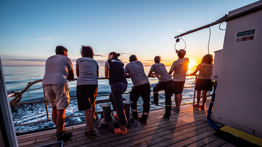 The Alfred Merlin undersea archaeologist team during the sail toward Trapani in Italy, August 2022.