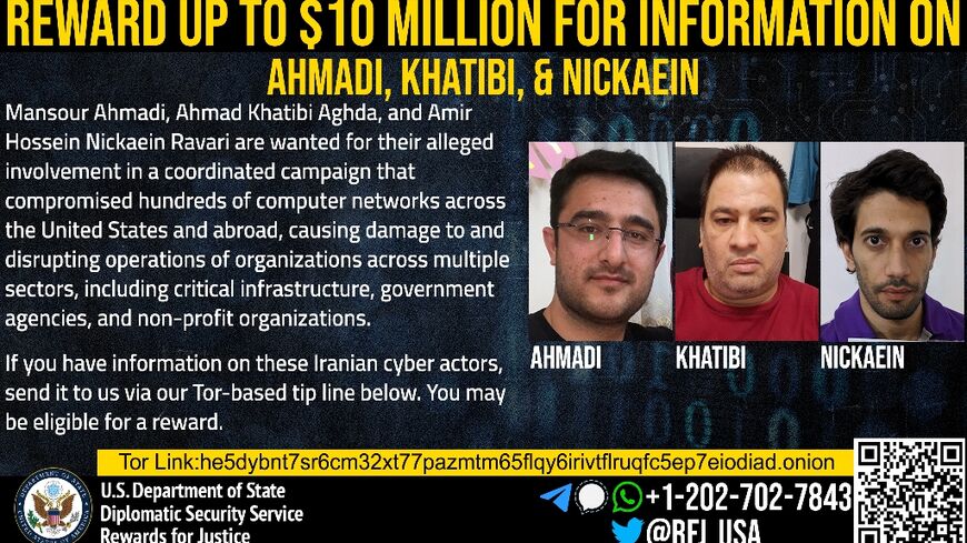 This handout image by the US State Department shows Iranian cyber actors wanted for their alleged involvement in a coordinated campaign to hack and extort hundreds of computer networks and organizations in the United States and abroad