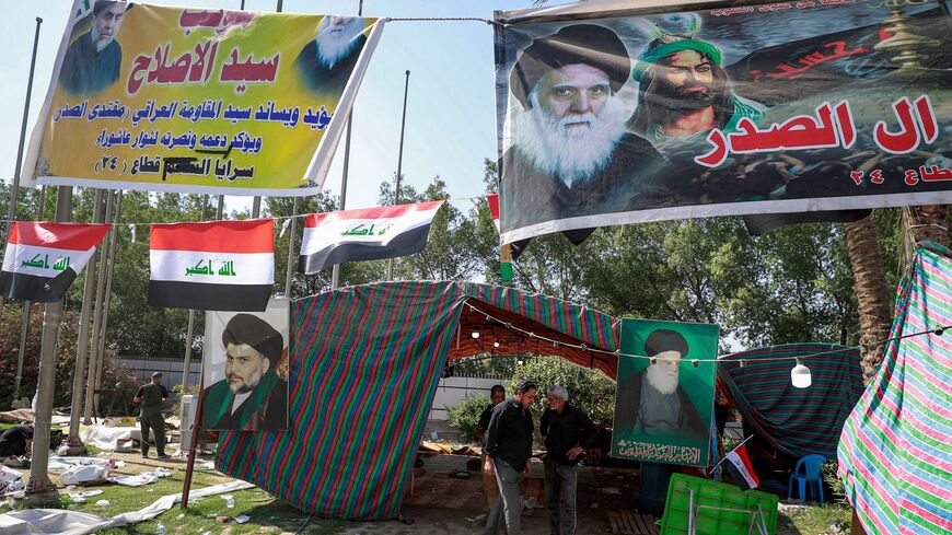 This picture taken on Aug. 30, 2022 shows a view of the remaining encampments of supporters of Shiite Muslim cleric Moqtada al-Sadr before their dismantlement in the capital Baghdad's high-security Green Zone. 