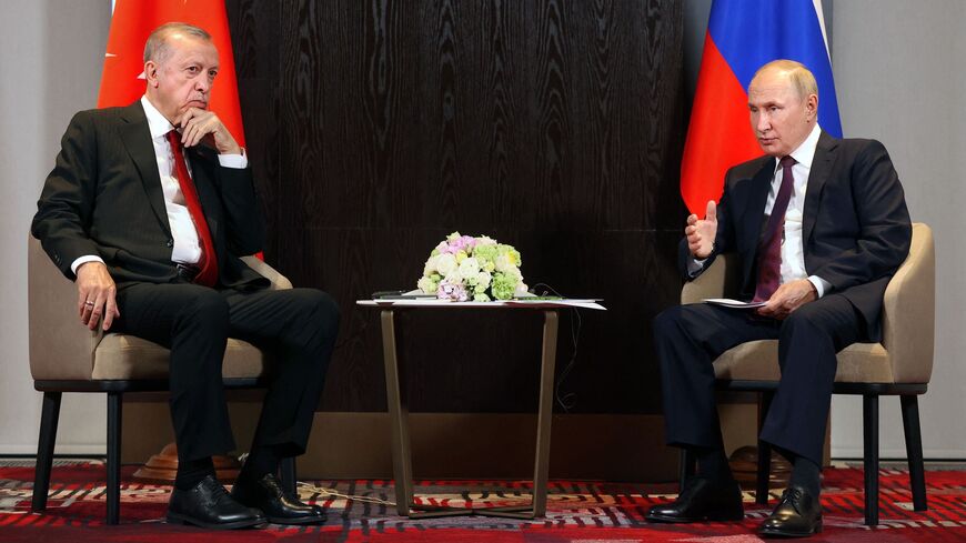 Russian President Vladimir Putin meets with Turkish President Recep Tayyip Erdogan.