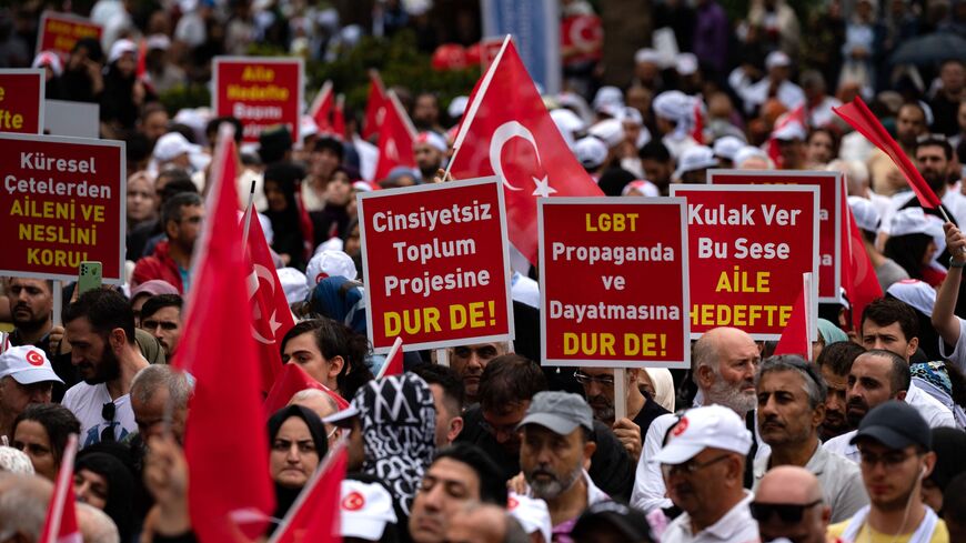 Protesters hold placards and flags during an anti-LGBT rally organized by pro-Islamic organizations in Istanbul on Sept. 18, 2022.