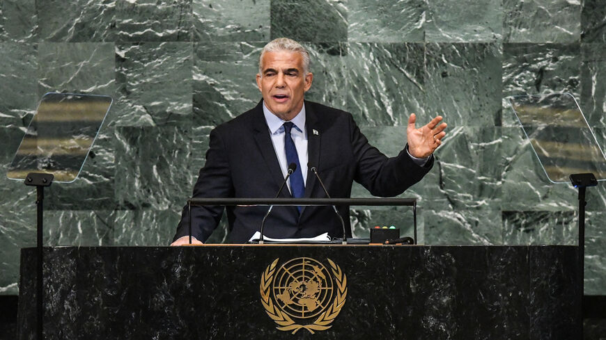 Israeli Prime Minister Yair Lapid gives a speech during the 77th session of the United Nations General Assembly at UN headquarters, New York, Sept. 22, 2022.