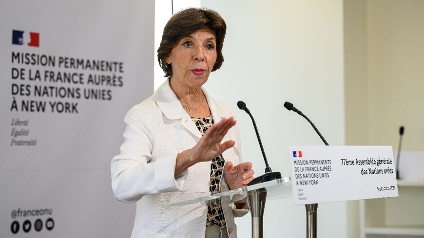 French Foreign Minister Catherine Colonna speaks to reporters at France's mission to the United Nations 