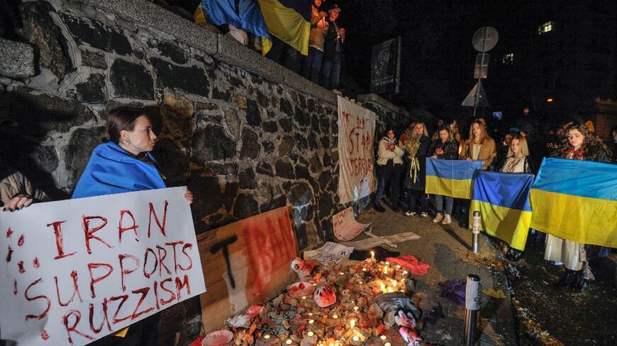 People demonstrate outside the Iranian embassy in Ukraine after Kyiv was hit by swarms of kamikaze drones sold by Iran to Russia