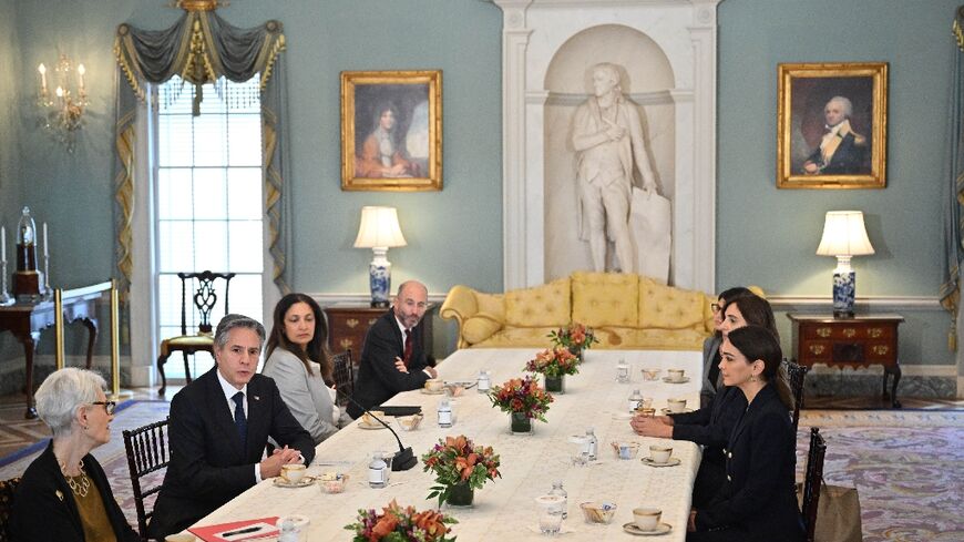 US Secretary of State Antony Blinken meets with Iranian civil society activists in the Thomas Jefferson Room at the State Department 