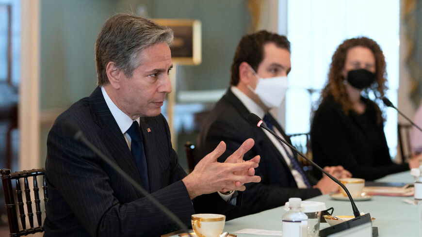 US Secretary of State Antony Blinken speaks during a meeting with Yemeni Foreign Minister Ahmed Awad Bin Mubarak at the State Department, Washington, May 17, 2022.