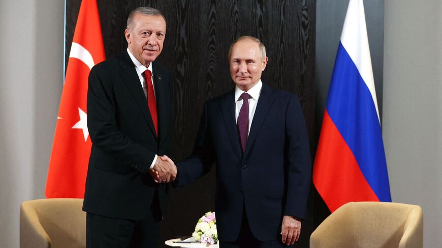 Russian President Vladimir Putin meets with Turkish President Recep Tayyip Erdogan.