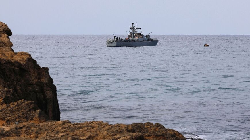 An Israeli warship sits at mooring close to the disputed maritime border with Lebanon