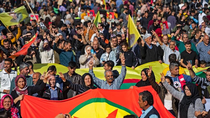 Syrian Kurds protest against Turkey and in solidarity with the Kurdistan Workers' Party (PKK), in the Kurdish-held city of Qamishli, on November 13, 2022