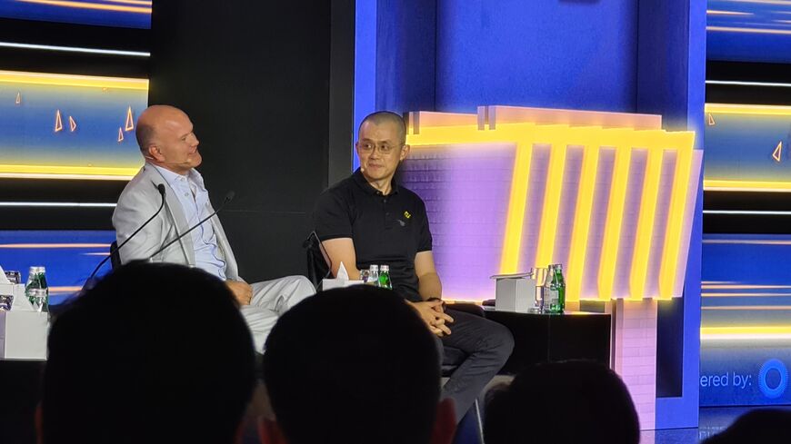 Binance CEO Changpeng Zhao sits on the main stage at Abu Dhabi Finance Week (ADFW) in an interview with Mike Novogratz, the CEO of Galaxy Digital Holdings.