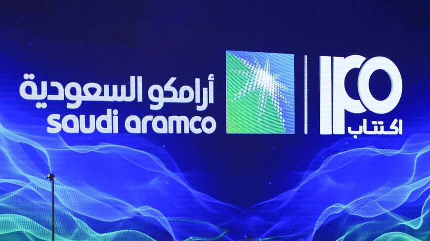 A picture taken on Nov. 3, 2019, shows a sign of Saudi Aramco's initial public offering.