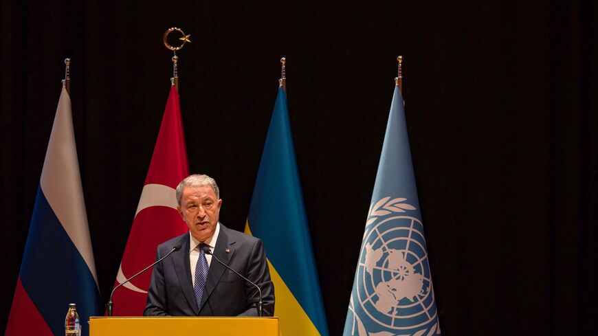 Turkish National Defense Minister Hulusi Akar holds a joint press conference with the UN Secretary-General at the Joint Coordination Center established in Istanbul for the safe shipment of grain products from the Black Sea region in Istanbul on Aug. 20, 2022. 