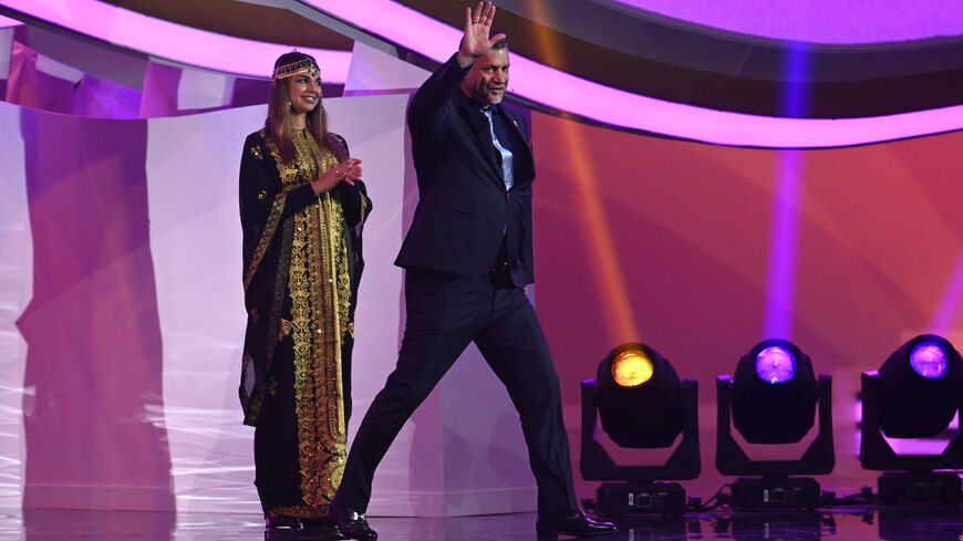 Ali Daei takes to the stage during the FIFA World Cup Qatar 2022 Final Draw.