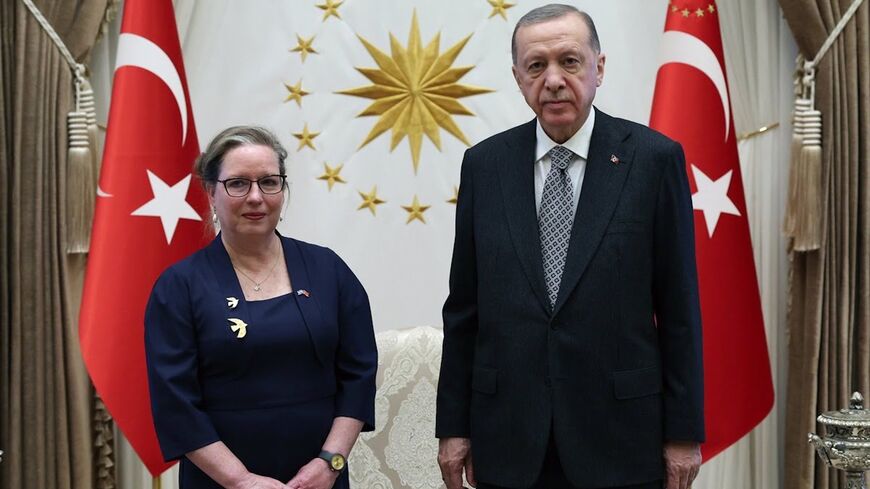 Israel's new ambassador Irit Lilian presents her letter of credentials to Turkish President Recep Tayyip Erdogan, Ankara, Turkey, Dec. 27, 2022.