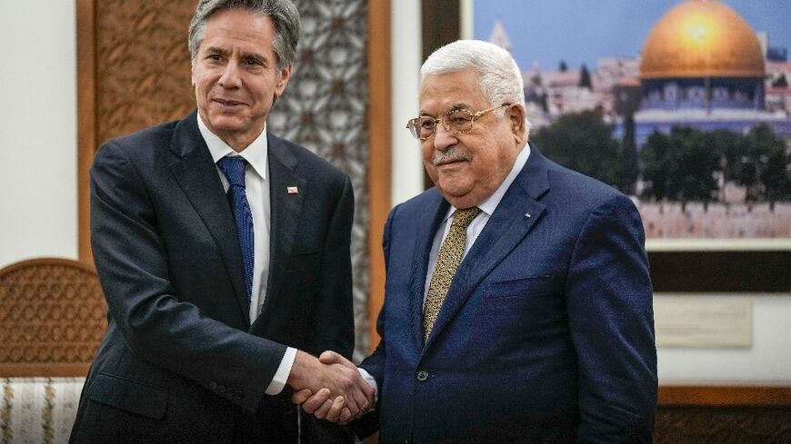 Palestinian president Mahmud Abbas, on the right,  welcomes US Secretary of State Antony Blinken in Ramallah in the occupied West Bank, on January 31, 2023