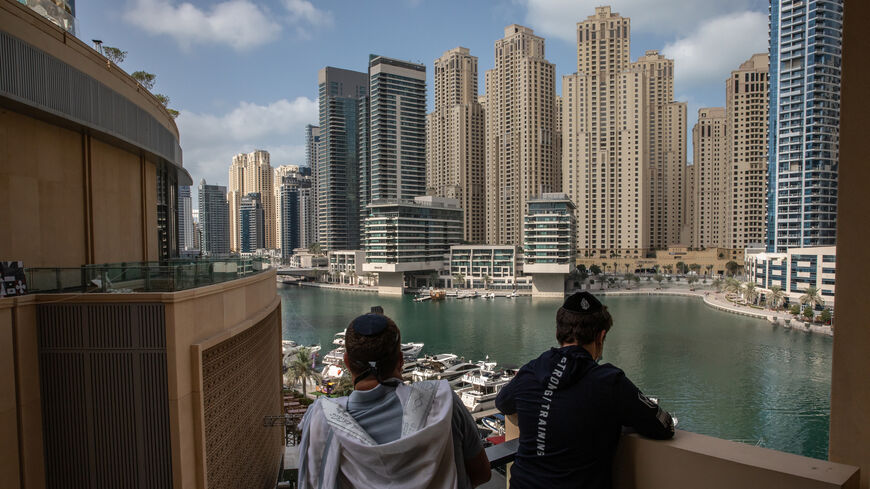 Local Jewish residents and tourists pray during Purim at the Address Dubai Marina Hotel, Dubai, United Arab Emirates, Feb. 26, 2021.