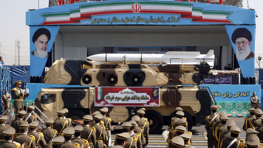 Iranian missile Sevom-Khordad on display during the annual military parade marking the anniversary of the outbreak of the devastating 1980-1988 war with Saddam Hussein's Iraq, in the capital Tehran on Sept. 22, 2022.