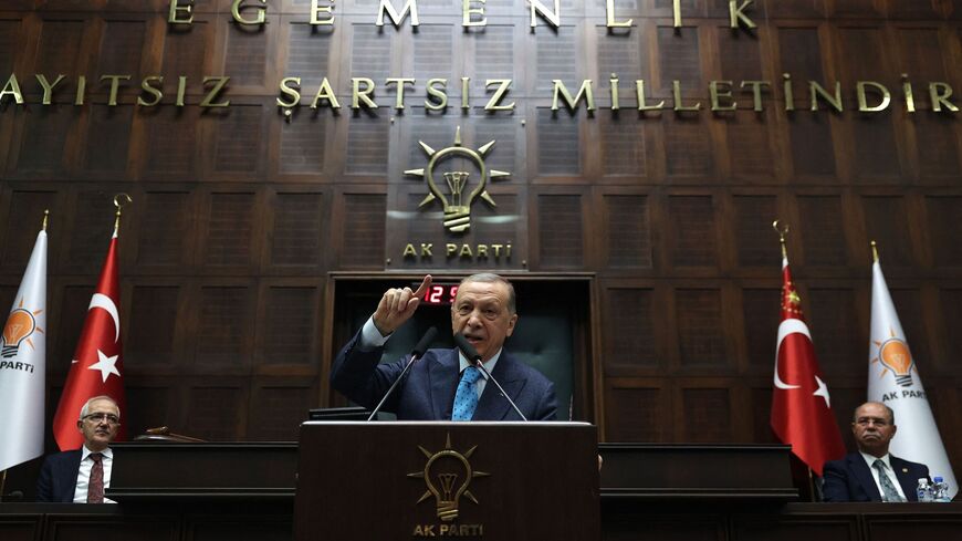 Turkish President and leader of the Justice and Development Party (AKP) Recep Tayyip Erdogan speaks during a group meeting at the Turkish Grand National Assembly in Ankara on Jan. 18, 2023.