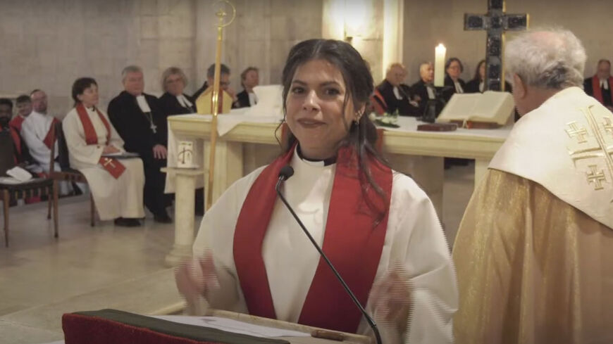 Sally Azar is seen during the ordination ceremony at the Lutheran Church of the Redeemer, Jerusalem, Jan. 22, 2023.