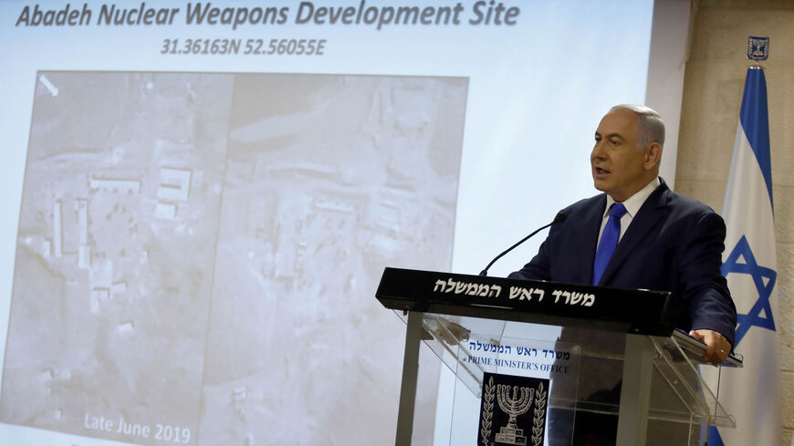 Israeli Prime Minister and Defense Minister Benjamin Netanyahu delivers a statement to the media on the Iranian nuclear issue at the Foreign Ministry, Jerusalem, Sept. 9, 2019.