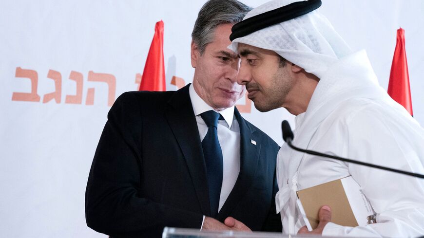 US Secretary of State Antony Blinken (L) speaks with United Arab Emirates Foreign Minister Sheikh Abdullah bin Zayed Al Nahyan, in Sde Boker, Israel on March 28, 2022. - Blinken and the top diplomats of Israel and four Arab states held a landmark meeting to discuss issues from the Iran nuclear negotiations to the global shockwaves of Russia's invasion of Ukraine. (Photo by Jacquelyn Martin / POOL / AFP) (Photo by JACQUELYN MARTIN/POOL/AFP via Getty Images)