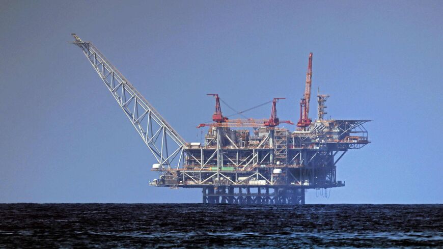 A view of the platform of the Leviathan natural gas field in the Mediterranean Sea is pictured from the Israeli northern coastal beach of Nasholim, on Aug. 29, 2022.