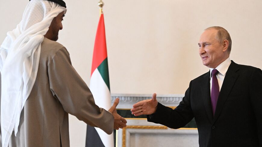 Russian President Vladimir Putin meets with United Arab Emirates President Sheikh Mohamed bin Zayed Al-Nahyan in Saint Petersburg on October 11, 2022. (Photo by PAVEL BEDNYAKOV/SPUTNIK/AFP via Getty Images)