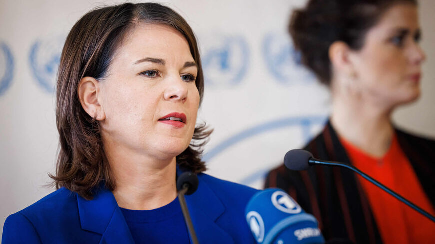 Germany's Foreign Minister Annalena Baerbock (L) answers journalists' questions with Iceland's Foreign Minister Thordis Kolbrun Reykfjord Gylfadottir (R), during a special session of the UN Human Rights Council on the situation in Iran, at the United Nations, Geneva, Switzerland, Nov. 24, 2022.