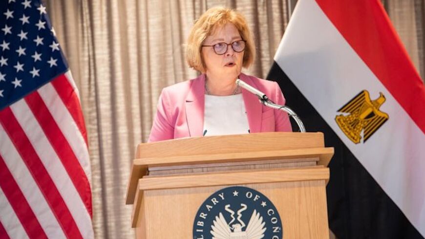 In an undated image, Assistant US Secretary of State for Near Eastern Affairs Barbara Leaf speaks during a reception at the Library of Congress.