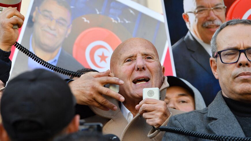 Ahmed Nejib Chebbi, political committee chief of Tunisia's Amal Party and leader of the opposition National Salvation Front part in a demonstration in Tunis on March 5, 2023, in defiance of a protest ban, demanding the release of prominent figures opposed to the president who were arrested in recent weeks. - More than 20 political figures have been arrested in the North African country in recent weeks, including members the main opposition coalition, the National Salvation Front (NSF) and its main component