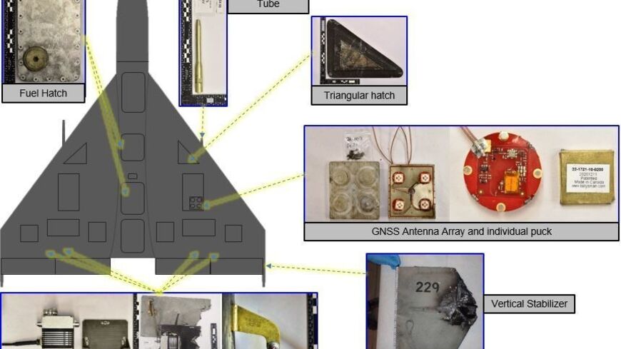 The US Defense Department used components found at the scene to identify the drone used in a November 2022 attack on a tanker as an Iranian Shahed-136 as shown in this handout photo from the department 