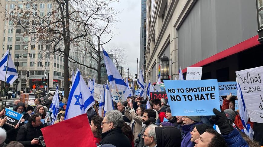 Protesters gathered outside Grand Hyatt Hotel in Washington to condemn Smotrich visit.