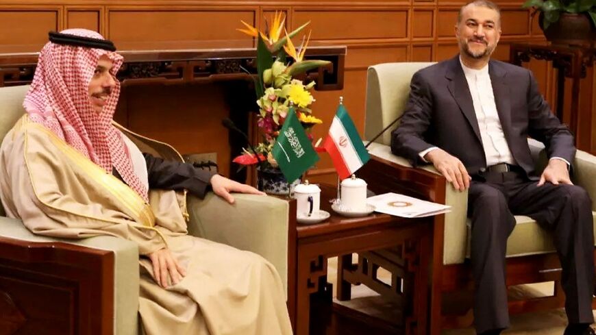 This handout picture provided by the Iranian foreign ministry shows Iran's Foreign Minister Hossein Amir-Abdollahian (R) and Saudi Foreign Affairs Minister Prince Faisal bin Farhan (L) meeting in Beijing on April 6, 2023. The foreign ministers of Middle East rivals Iran and Saudi Arabia met in Beijing, paving the way for normalised ties under a surprise China-brokered deal.