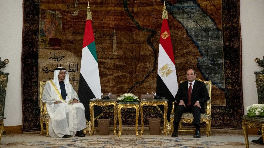 Egypt's President Abdel Fattah al-Sisi receiving the UAE's President Sheikh Mohamed bin Zayed al-Nahyan at the presidential palace in Cairo